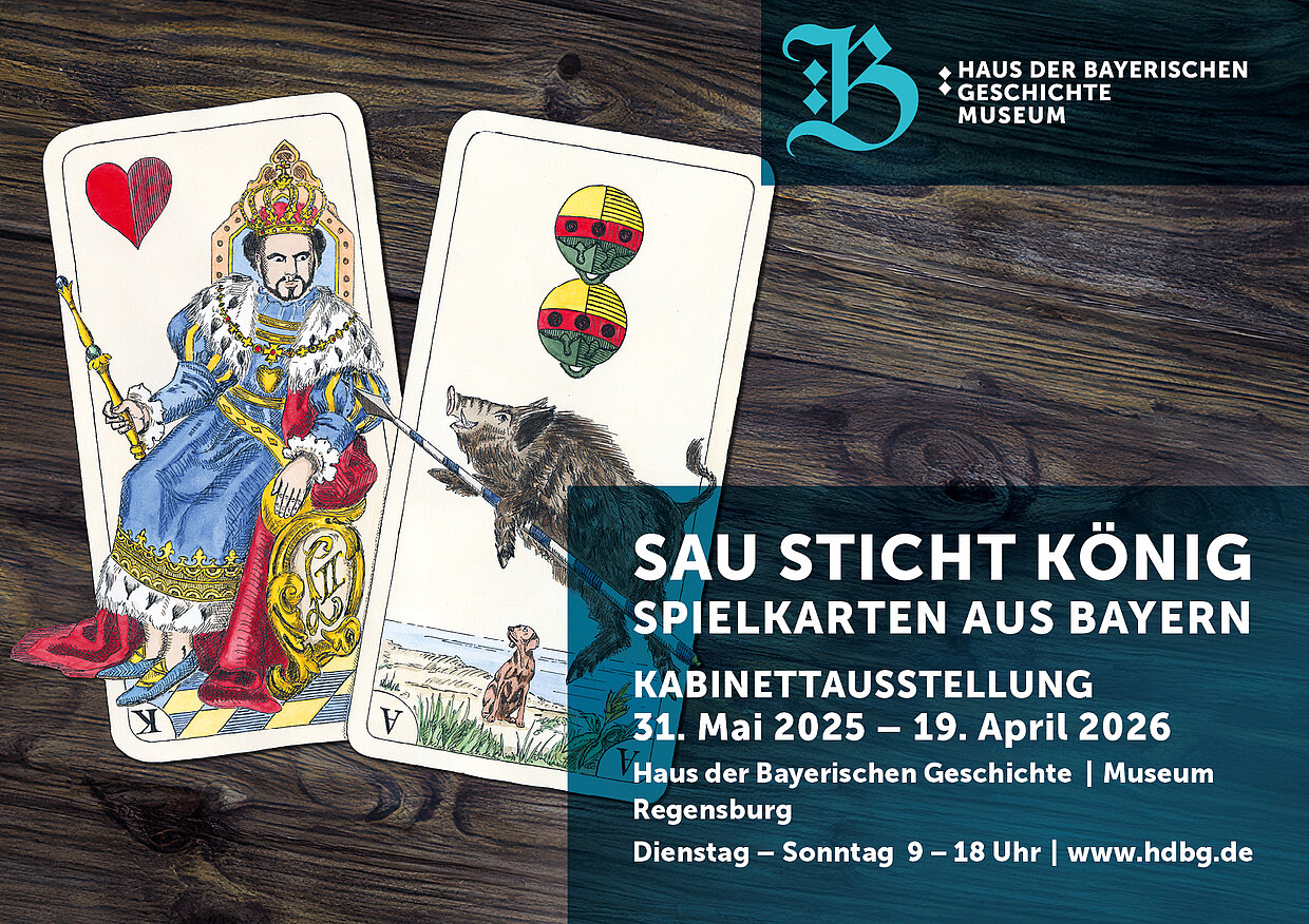 Motiv Kabinettausstellung „Sau sticht König – Spielkarten aus Bayern“ © Haus der Bayerischen Geschichte; Zeichnung Karten: Madeline Schollerer, Gestaltung: bauer.com