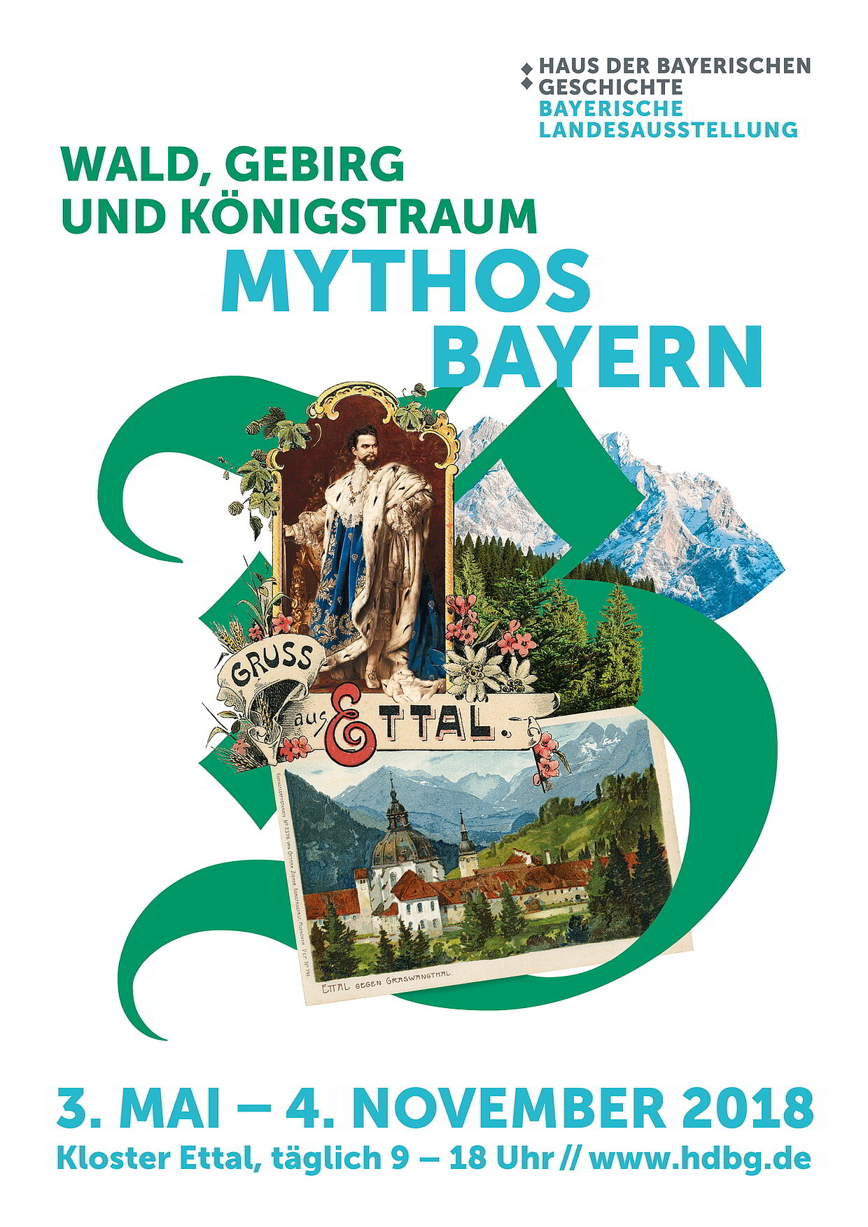 Plakatmotiv zur Bayerischen Landesausstellung 2018 "Wald, Gebirg und Königstraum - Mythos Bayern". 