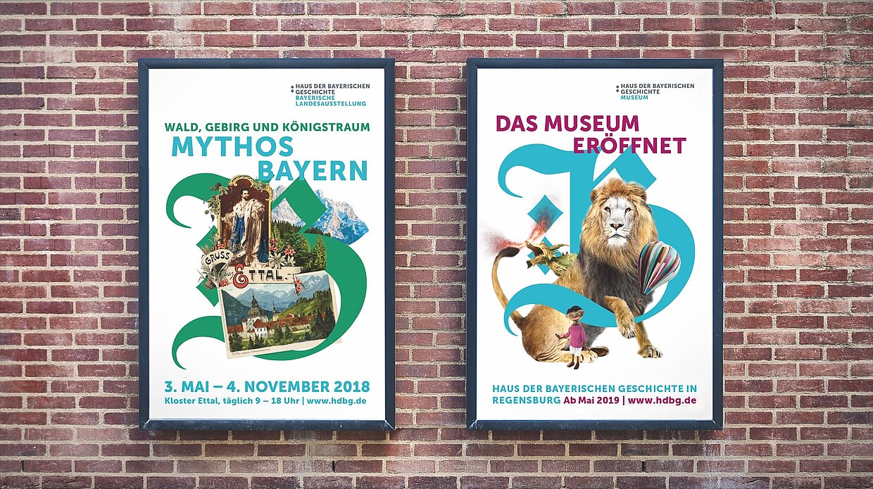 Die Motive des Museums der Bayerischen Geschichte in Regensburg (rechts) und der Bayerischen Landesausstellung 2018 nebeneinander.