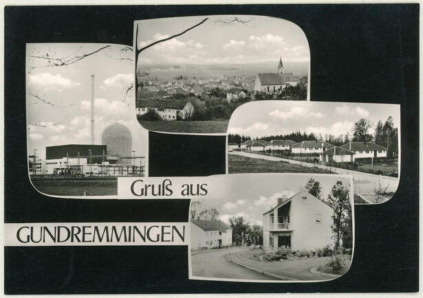Gruß aus Gundremmingen: Postkarte mit Kernkraftwerk, Neubaugebiet und Dorfansichten, 1960er Jahre © Heimatverein Gundremmingen e.V.