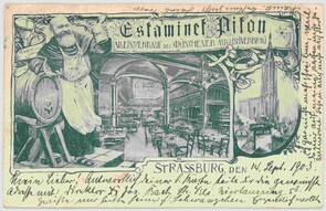 Estaminet Piton, Augustinerbräu-Ausschank, Straßburg, Postkarte, um 1895. „Estaminet“ bezeichnet im Französischen  eine einfache Bier-Kneipe © Haus der Bayerischen Geschichte
