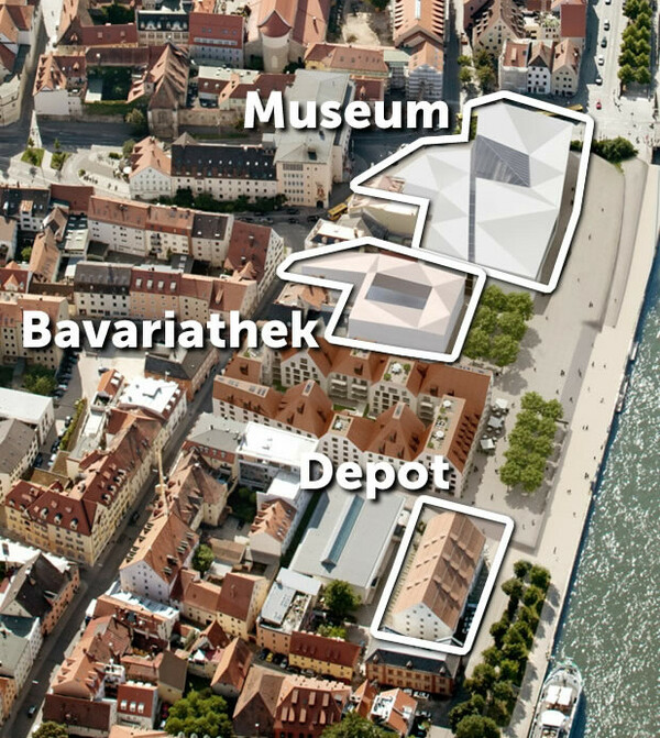 Aerial photo: museum, Bavariathek and storage facility