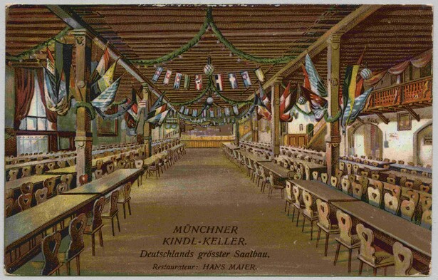 Münchner-Kindl-Keller, Postkarte, 1908. Die 6.000 Plätze des Saals waren oft voll besetzt. Dennoch musste der Bierpalast in der Inflation 1923 schließen © Haus der Bayerischen Geschichte 