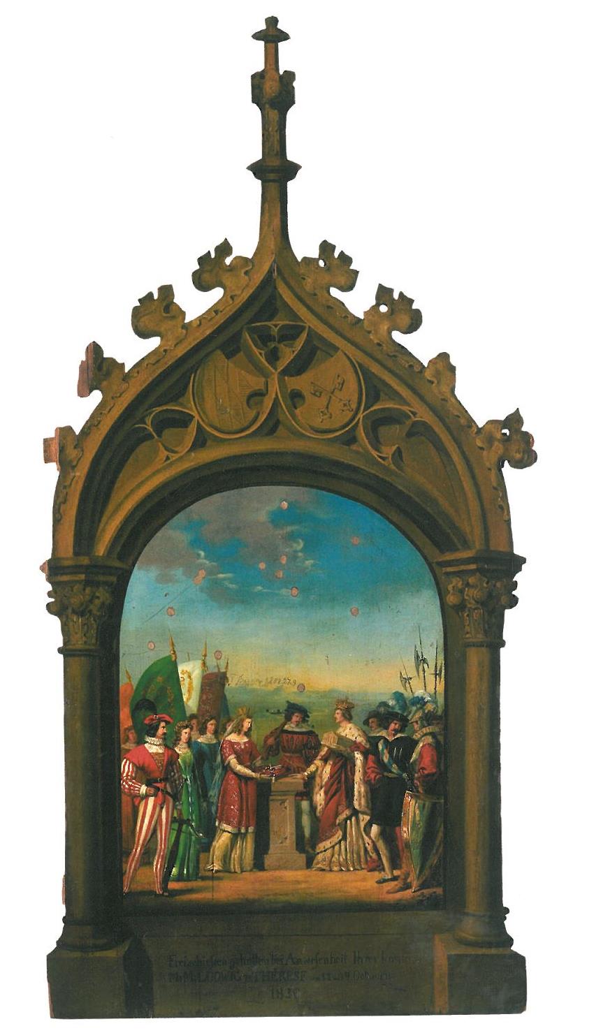 Ratisbona überreicht König Ludwig I. die Stadtschlüssel. Hans Kranzberger, Regensburg, 1830, Schützenscheibe.