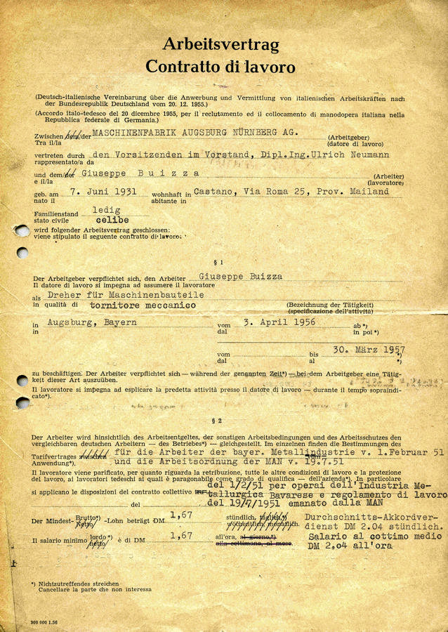 Giuseppe Buizza’s employment contract with MAN, 1956.